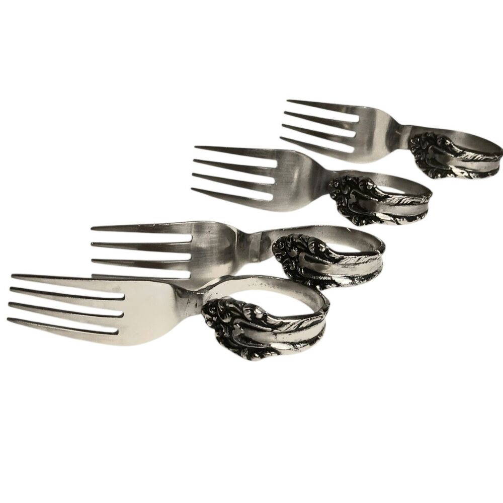 Set Of Four (4) Bent Fork Napkin Rings Silvertone Ornate Scroll Design